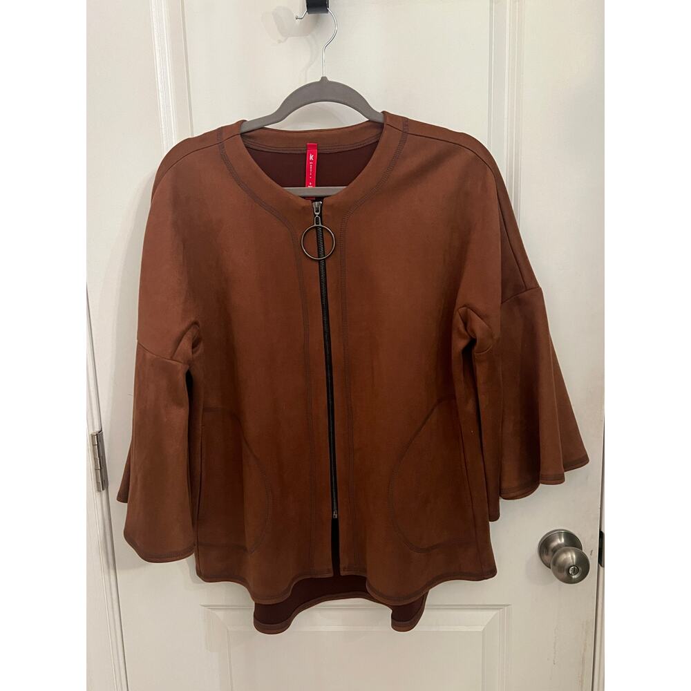 IC Collection By Connie K Women's Full Zip Jacket Faux Suede S Bell Sleeve Brown